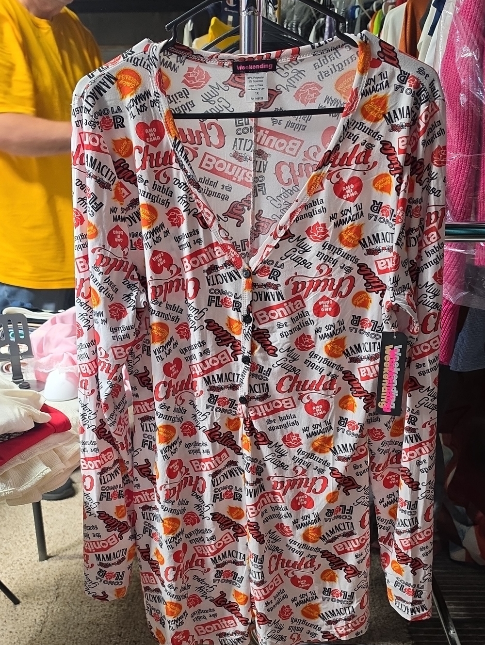 Woman's 1X  Pajama 1 Piece w/ Shorts - White with Red & Orange Graphic Print